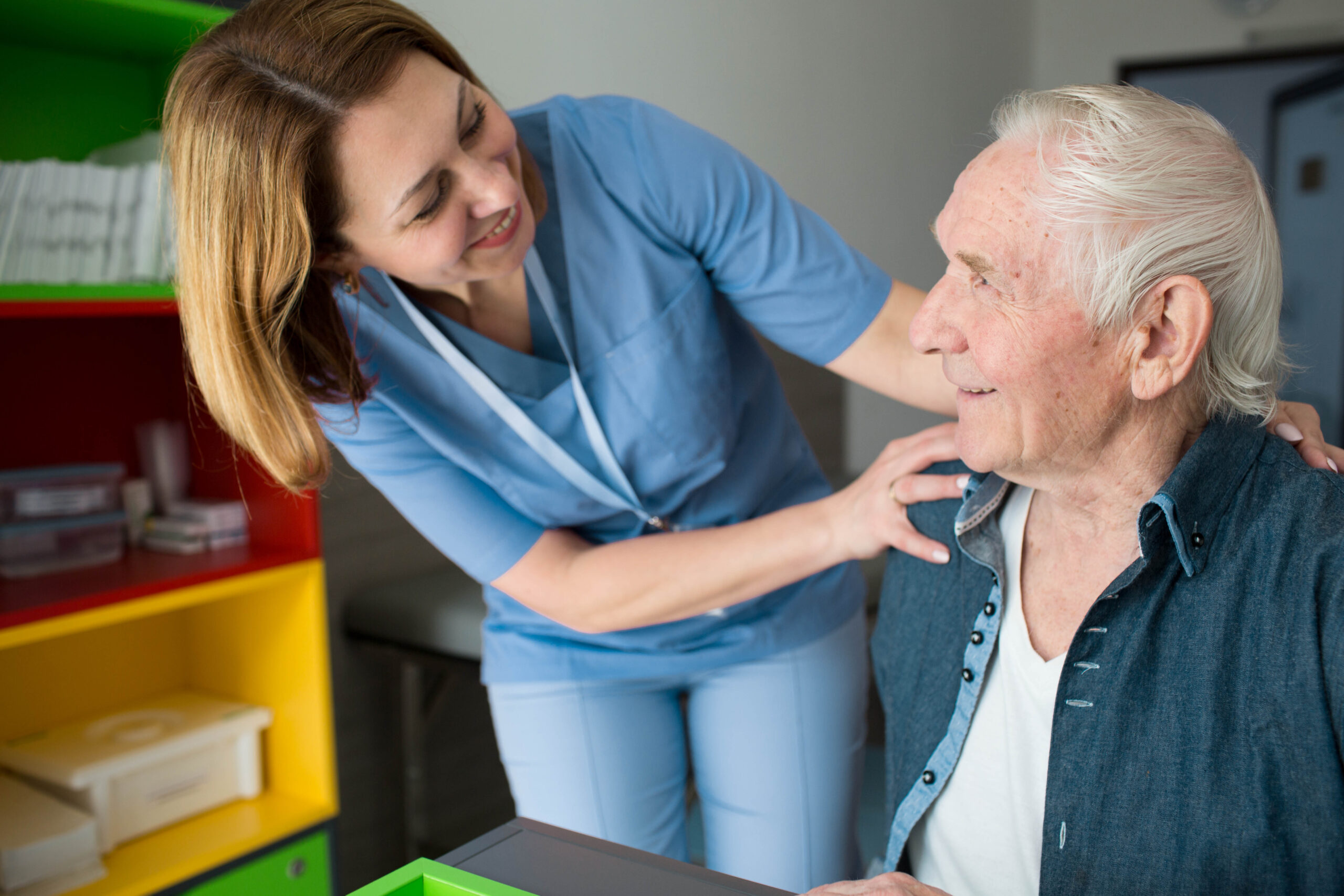 Happy,Caretaker,Assisting,Senior,Man.,Friendly,Nurse,Supporting,Old,Man